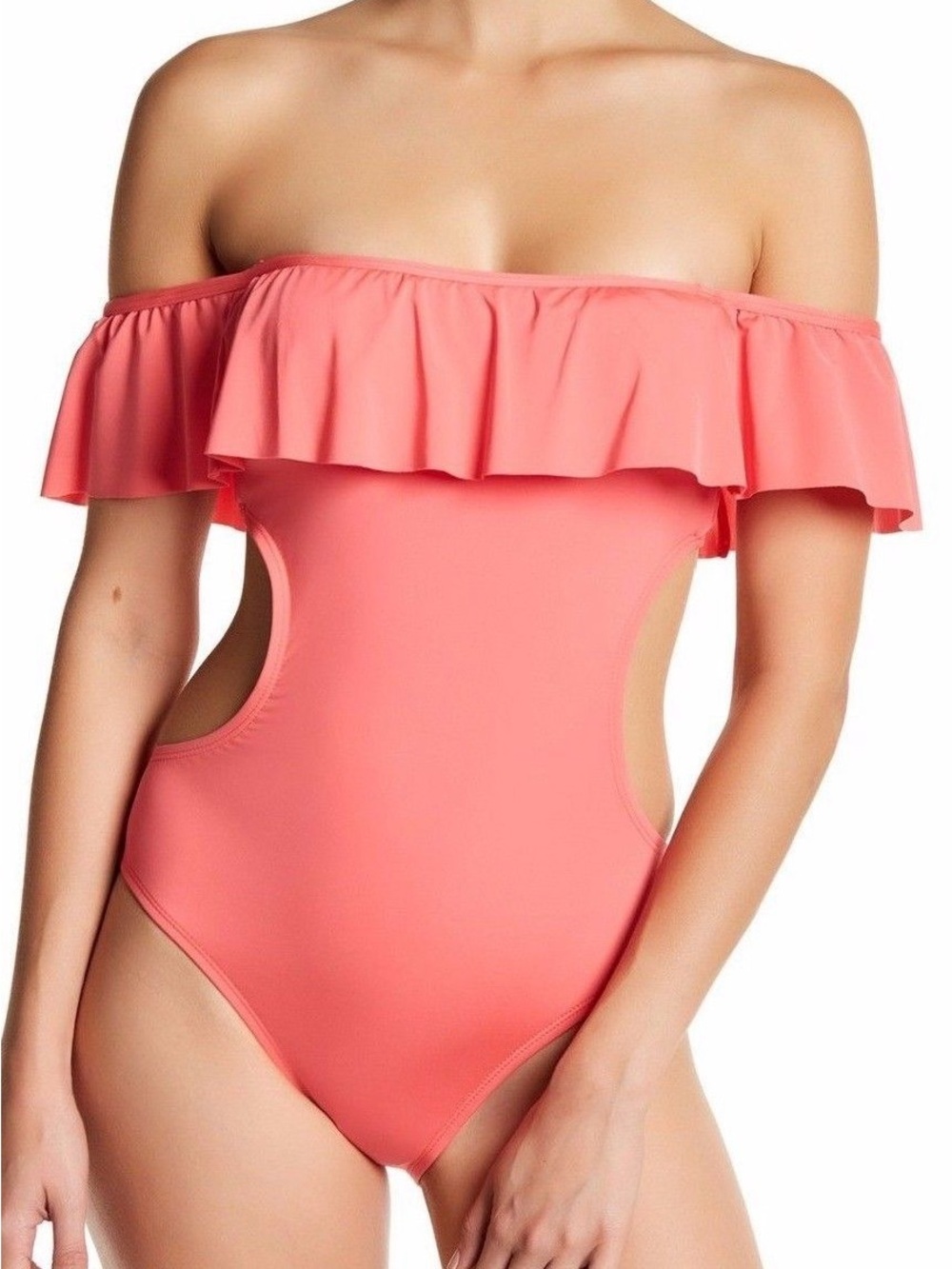 Cacelin Women's Coral Pink Swimsuit with ruffle neckline and peek-a-boo waist